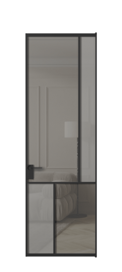 Межкомнатная дверь Мозаик АЛПЛ041.21 Алюминий Черный Сатинированное серое стекло, триплекс, 6 мм + Прозрачное серое стекло, триплекс Цена 160070 ₽ | Volhovec