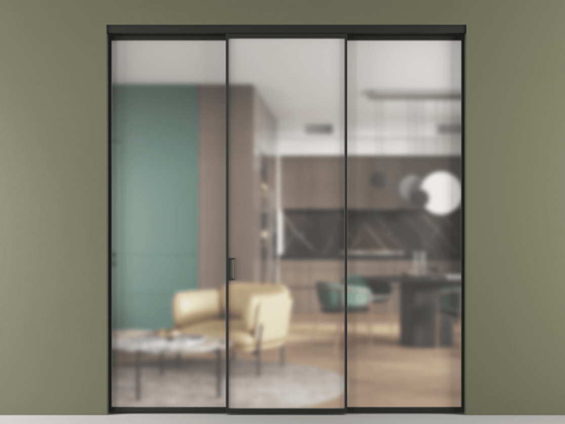 Перегородка Формато внутри проёма 3 створки АЛПР 040.01 Алюминий Черный Сатинированное стекло "Мателюкс Кристал Вижн", калёное, матовое, каленое 6 мм Цена 245420 ₽ | Volhovec