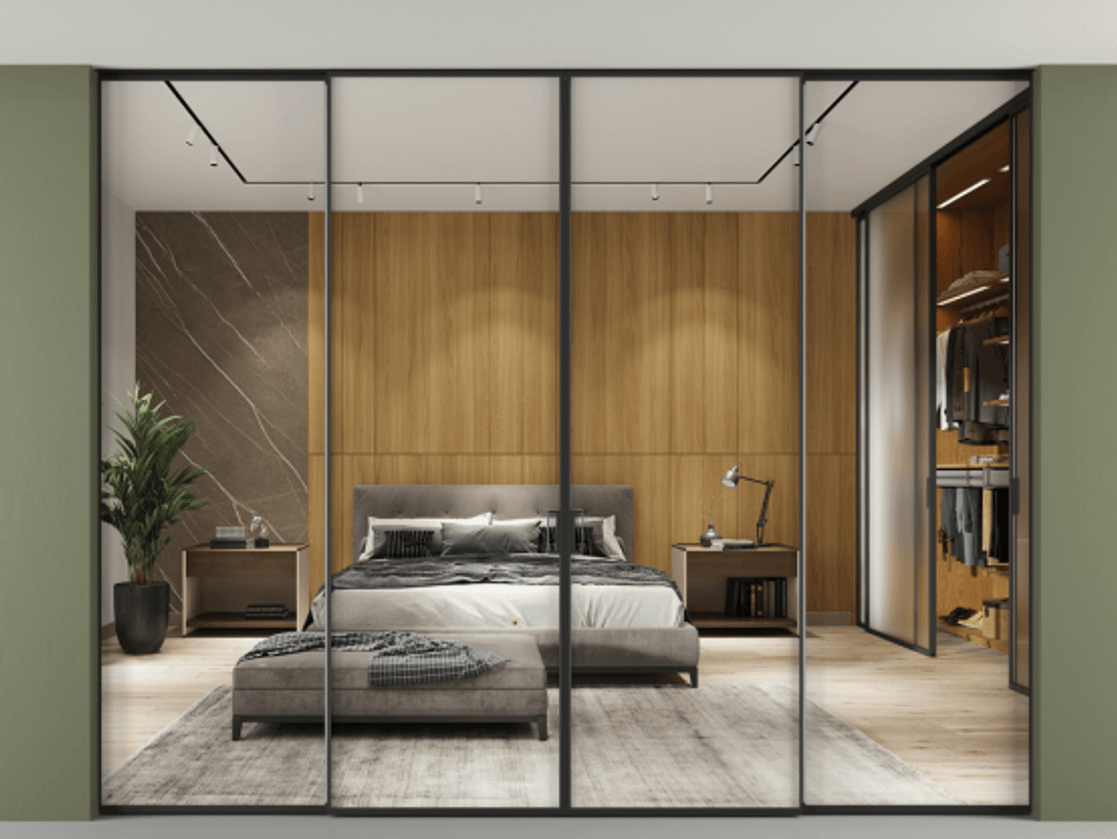 Перегородка Формато внутри проёма скрытое крепление в потолок 4 створки АЛПР 040.01 Алюминий Черный Двустороннее зеркало, триплекс , триплекс 6 мм Цена 426076 ₽ | Volhovec