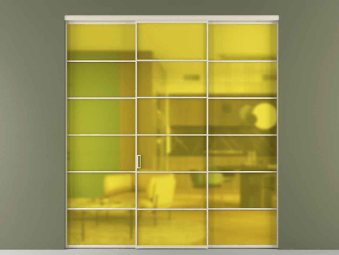 Перегородка Формато внутри проёма 3 створки АЛПР 040.04 Алюминий бежево-серый Сатинированное жёлтое стекло, триплекс Цена 267260 ₽ | Volhovec