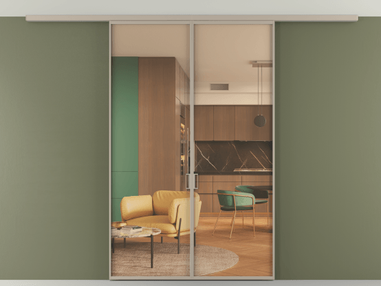 Алюминевая перегородка АЛПР 040.01_АБСК_ПРОЗ ОРАНЖ_new. Цвет Алюминий бисквитный. Материал Алюминий в эмали. Коллекция Перегородка Формато вдоль стены на потолок 2 створки. Картинка.