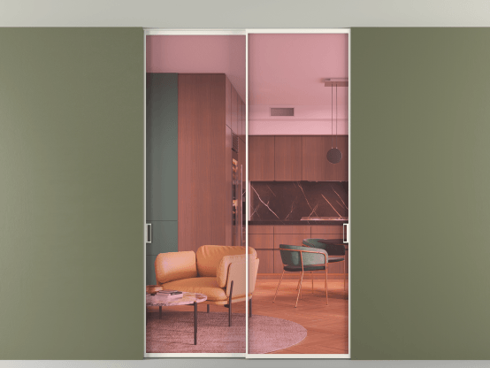 Алюминевая перегородка vn2_01 Алюминий пудровый белый Прозрачное розовое стекло, триплекс, 6мм. Цвет Алюминий пудровый белый. Материал Алюминий в эмали. Коллекция Перегородка Формато внутри проёма скрытое крепление в потолок 2 створки. Картинка.