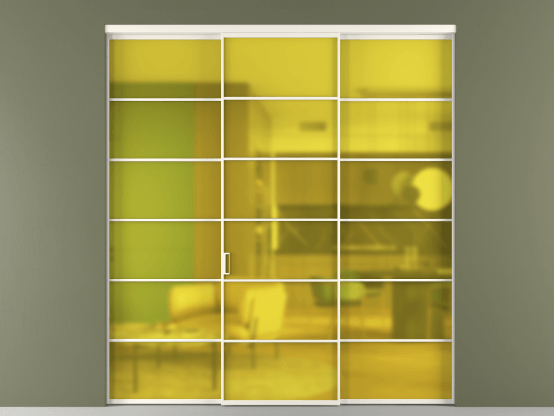 Алюминевая перегородка vn1+2_04_ Алюминий пудровый белый Сатинированное жёлтое стекло, триплекс, 6мм. Цвет Алюминий пудровый белый. Материал Алюминий в эмали. Коллекция Перегородка Формато внутри проёма 3 створки. Картинка.